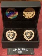 CHANEL CC Logo Heart Button Black & Pearl Earrings Gold Tone