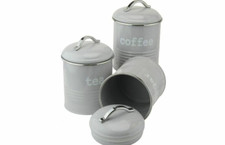 Set of 3 Airtight Tea Sugar and Coffee Storage Canister Jars Cream Grey White UK