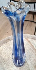 Stretched Cobalt Blue & Clear Glass Vase. 9" Tall. Made In Japan. Beautiful