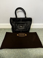 Authentic Tod’s Black Leather Tote Bag With Contrast White Stitches And Dust Bag