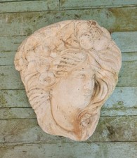 Vintage concrete stone garden Wall Pocket Art Nouveau Lady's Head Ornament 11.5"