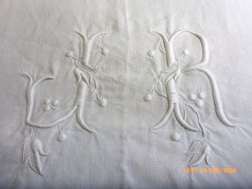 Antique french fine linen bed - linen,