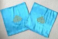 Two Thai Silk Mix Blue Cushion Covers with Traditional Gold Embroidery  / NEW