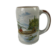 Vintage Ceramic Beer Stein Mug Hunting Scene Currier Ives Canoe Korea