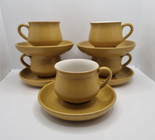 5 Denby Ode Tea Cups and Saucers Mustard Yellow Stoneware Vintage Rare VGC