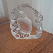 Vintage Mats Jonasson Art Glass Crystal Owl Bird Paperweight Ornament Signed