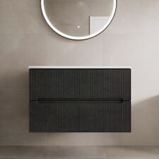 800mm Bathroom Vanity Unit White Marble Countertop Wall Hung Black Fluted Unit