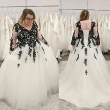 Plus Size Gothic Wedding Dresses Black and White Long Sleeves Tulle Bridal Gowns
