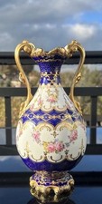 Antique Royal Crown Derby Porcelain Vase Cobalt Blue + Gold with Pink Roses 10”