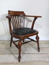 Smoker's Leather Seated Armchair Bow Windsor English Captain's Chair Victorian 
