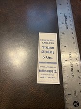 Vtg NOS York City Pa Pharmacy Morris Drug Co Label Potassium Chlorate