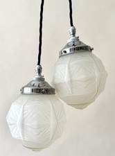 Two vintage French frosted sculpted glass globe ceiling lights chrome fittings