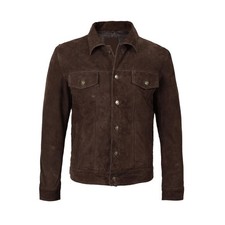 Men's Dark Brown Suede Trucker Western Cowhide Retro Winter Leather Jacket