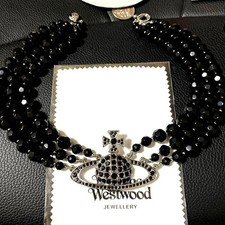 Vivienne Westwood triple row Black Silver Tone Orb Choker C03647