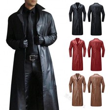 Retro Mens PU Leather Trench Coat Long Coat Full Length Overcoat Winter Jacket