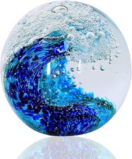 EUSTUMA Hand Blown Glass Figurines Ball Ocean Waves,Office Paperweight Glass fo