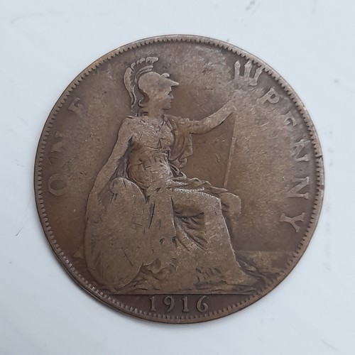 1916 one penny coin - one, v