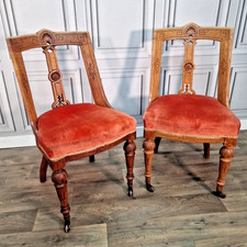 Pair Antique Oak Chairs – Carved Gothic Revival – Solid Wood Velvet Dining Hall
