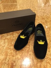 Church's Black Velvet Slippers Loafers with Golden Embroidered Crown - used once