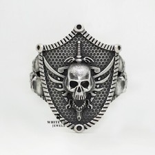 Open Jaw Warrior Sword Shield Skulls 925 Silver Biker Rider Oxidized Ring