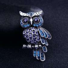 Rhinestone Owl Dark Purple / Torquoise Owl pin Brooch in Velvet Gift Bag UK