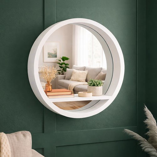 White round mirror with shelf - round,