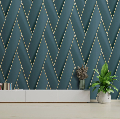 Teal blue gold geometric - blue,