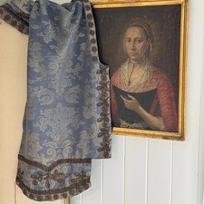 70x24 French 19th Ciel de Lit Valance Blue Damask metallic Trim Passementerie C