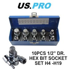 US PRO 1/2" Dr 10pc Hex Allen Bit Sockets, Socket Key Set H4 - H19 1695