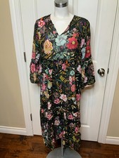 Johnny Was Black Multicolor Floral V-Neck Bohemian Ruffle Flowy Dress, Size M