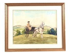 EARLY 20TH CENTURY SCHOOL LADY SEATED IN A PONY & TRAP - WATERCOLOUR