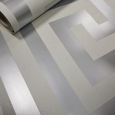 Debona Athena Pearl White Metallic Silver Glitter Crystal Greek Key Wallpaper