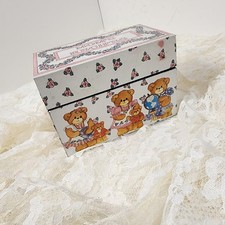 Vintage Enesco Teddy Bear recipe box 1980s metal recipe tin country floral