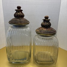 Ribbed Clear Glass Containers-decorative Lids With Seals-set Of 2- ( Tc)