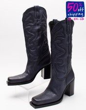 RRP€438 ELENA IACHI Leather Cowboy Boots US7 UK4 EU37 Blue Made in Italy