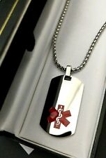 Long Silver Steel Medical Alert SOS Talisman Necklace, Engraved Gift