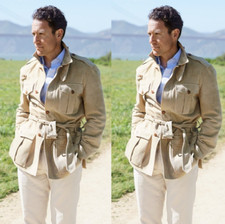 Khaki Men Suit Safari Jacket With Belt Outdoor Hunting Coat Wedding Groom 2 Pcs
