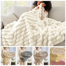 Ultra Soft Faux Rabbit Fur Throw Blanket Warm Plush Striped Blankets for Sofa