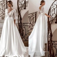 Elegant Wedding Dresses V Neck Long Sleeves Lace A Line Satin Bridal Gowns