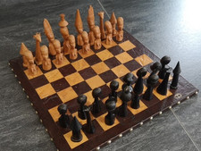 Vintage African Chess Board/set, 1970s, Zambia, Leather Board, Wooden Pieces