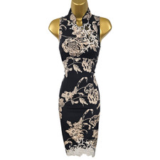 Vintage Karen Millen 12 UK Black Silk Cheongsam Oriental  Floral Pencil Dress