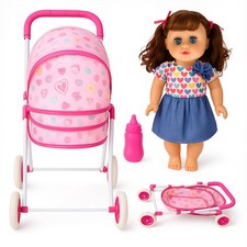 Baby Doll Pram 11" Lifelike Musical Doll Foldable Stroller Pretend Play Doll Set
