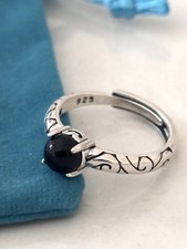 Sterling Silver Ring with Black Stone - Adjustable Size to Fit