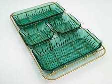 Arcoroc France 1950's Green Glass Emerald Snack Serving Tray Caddy Mid century