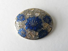 80s Vintage Retro FISH Crown Cloisonne Enamel Flower Floral Blue Brooch Oval