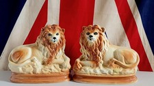 Pair of Antique Staffordshire Pottery Recumbent Lions 10'' x 11'' x 5½''