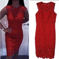 Lipsy VIP Red Pencil Dress Size 14 Midi Wedding  Occasion Embroidered Lace Xmas
