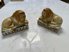 Pair Hand Painted Staffordshire Style Lions Ceramic Figurines Vintage Ornaments