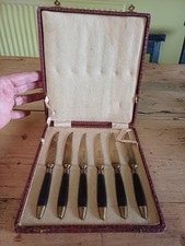 Cased vintage fruit knives x 6 Justinus Solingen Rosewood Bronze Superb Quality