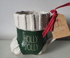 Rae Dunn Holly Jolly Christmas Santa Boot Sock Cup Mug Holiday Green & White New